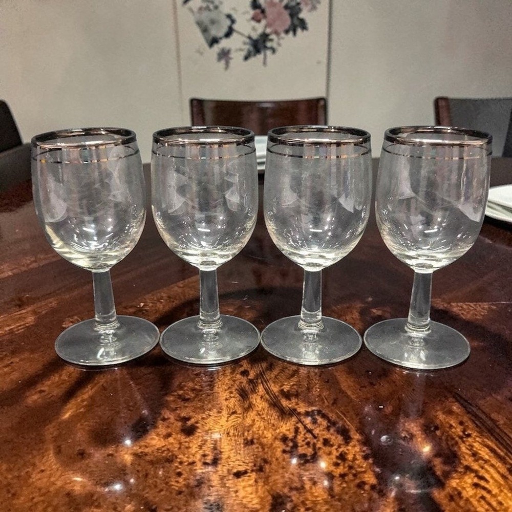 Platinum Rimmed Clear‎ Wine Glasses, Set of 4, Vintage Replacement Stemware, MCM